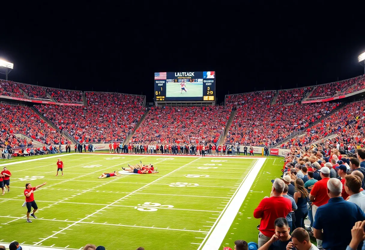 Energetic scene of Memphis Tigers football game with fans cheering.