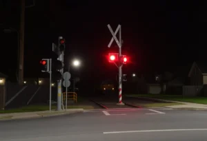 Nighttime image of a train crossing in Memphis highlighting safety warnings.