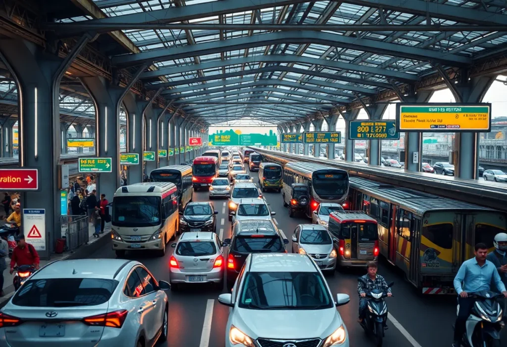 View of a busy transportation hub in Memphis, showcasing modern infrastructure and vibrant economic activity.