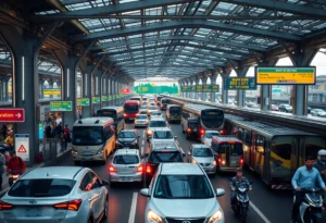 View of a busy transportation hub in Memphis, showcasing modern infrastructure and vibrant economic activity.