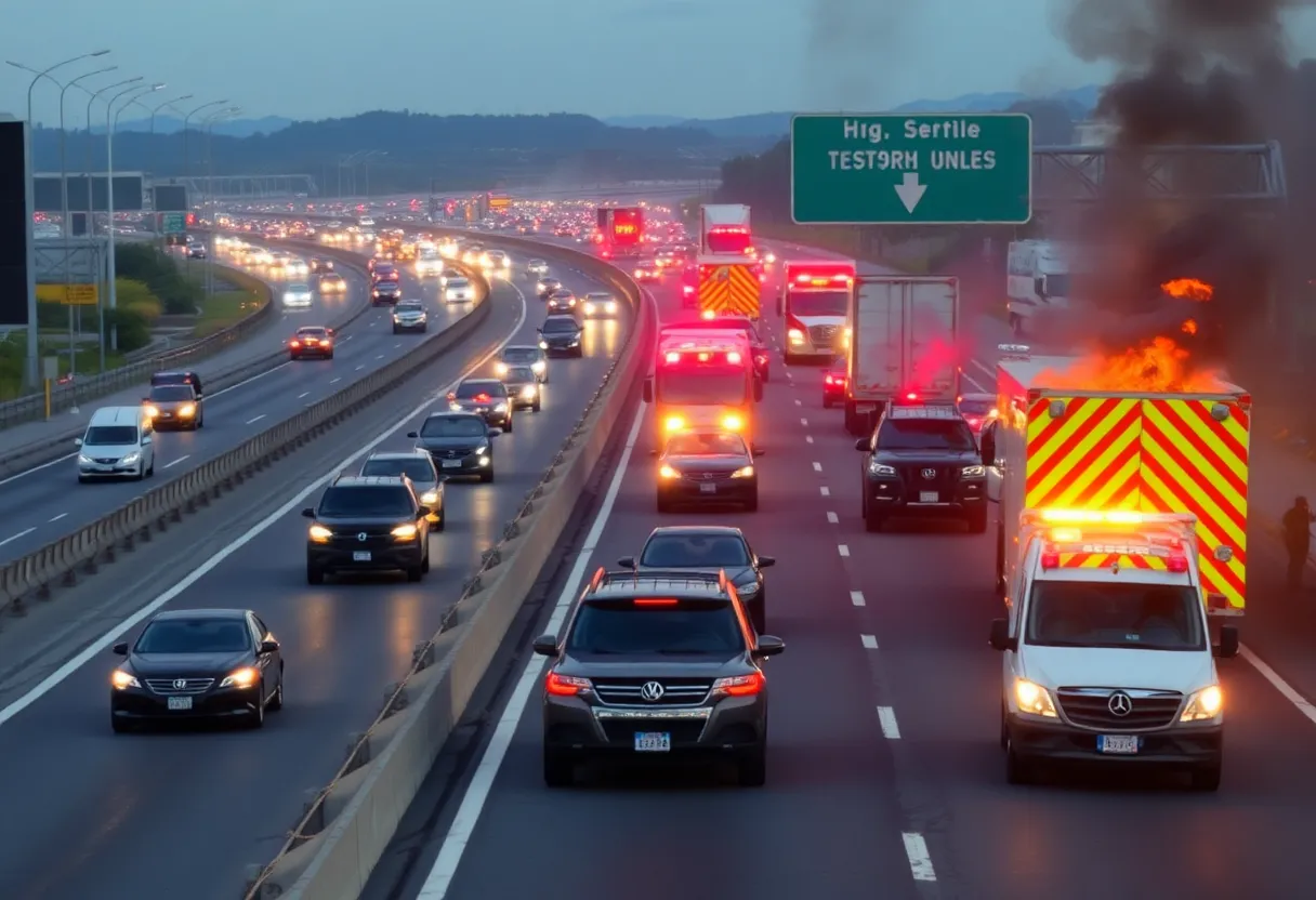 Emergency responders at the scene of a vehicle fire on Interstate 240 in Memphis