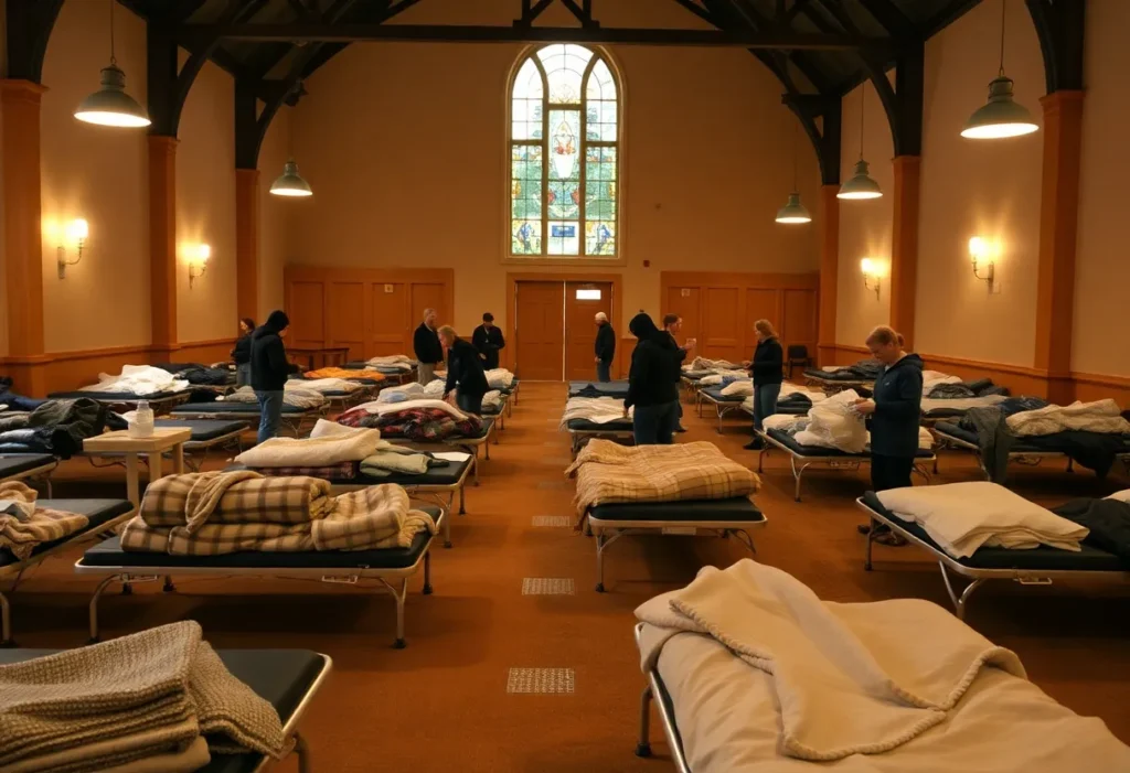Interior of the Memphis warming center with cots and volunteers