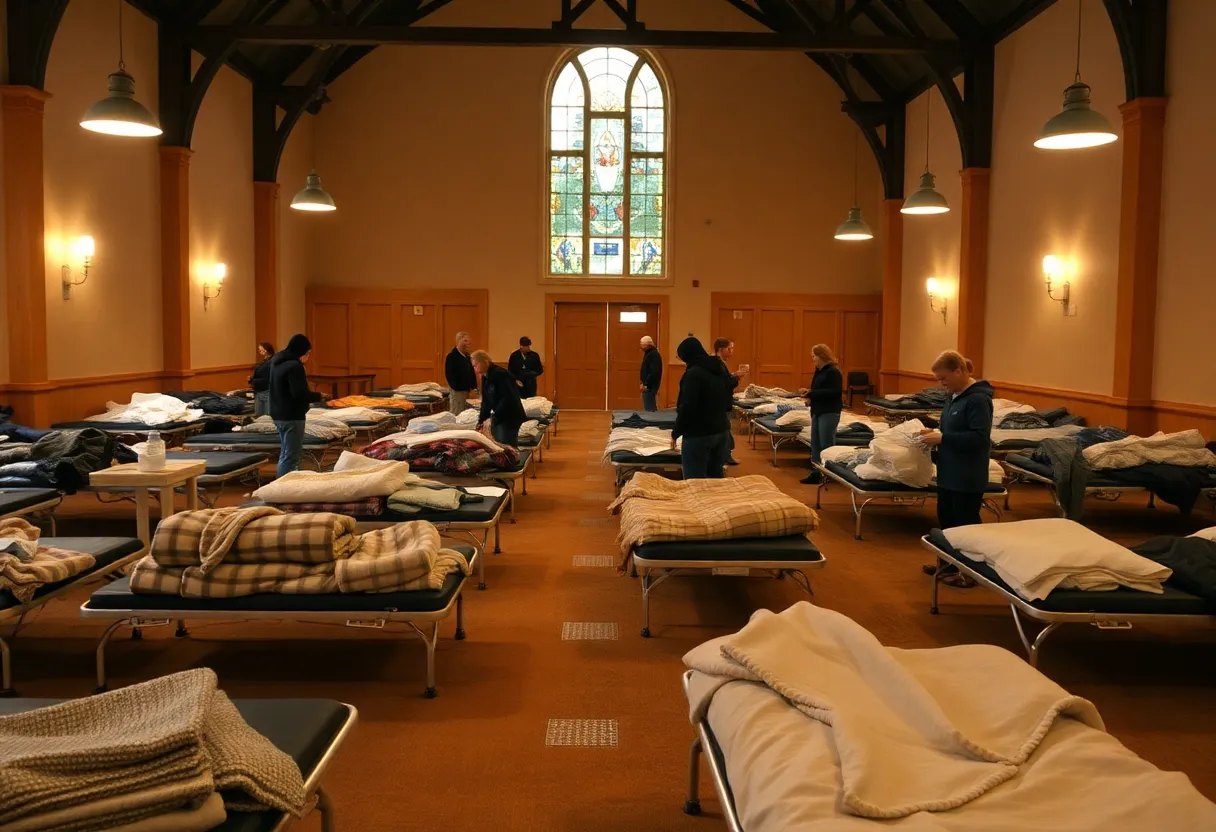 Interior of the Memphis warming center with cots and volunteers