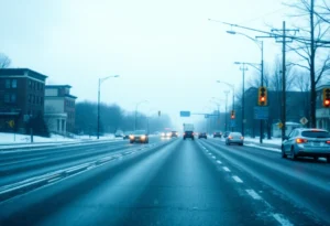 City street in Memphis during winter weather with sleet and icy conditions