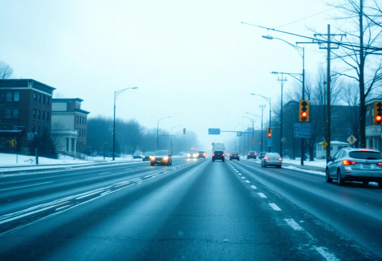 City street in Memphis during winter weather with sleet and icy conditions