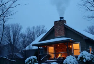 A cozy home in Memphis during winter with snow falling.