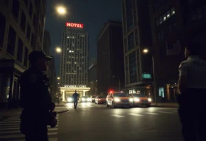 Nighttime urban scene in Memphis related to a high-profile crime case.