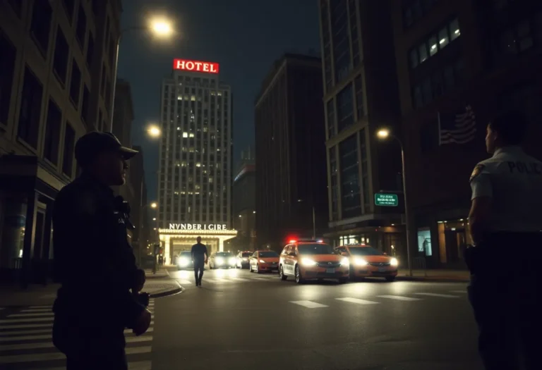 Nighttime urban scene in Memphis related to a high-profile crime case.