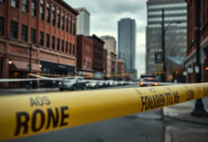 Downtown Memphis scene with police presence and caution tape