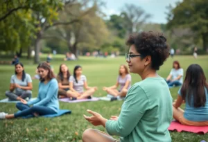 A group of diverse individuals practicing self-care in a park.