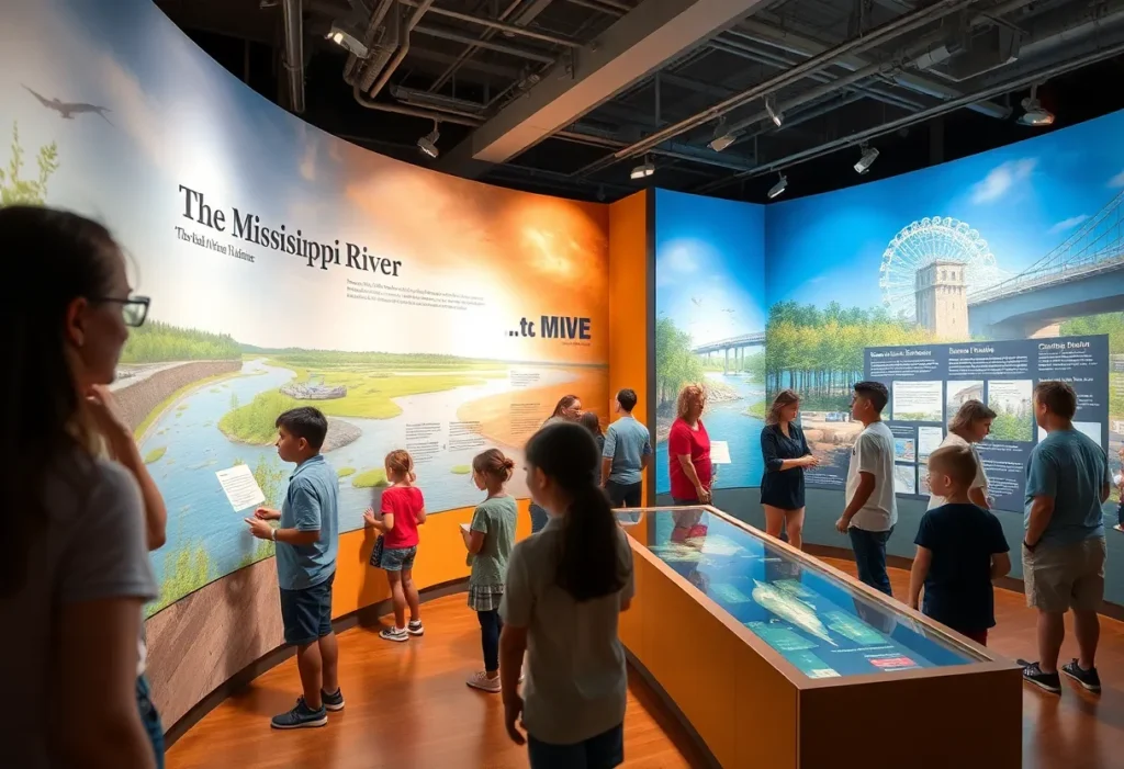 Visitors engaging with interactive exhibits at the Mississippi River Museum.