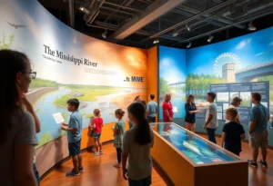 Visitors engaging with interactive exhibits at the Mississippi River Museum.