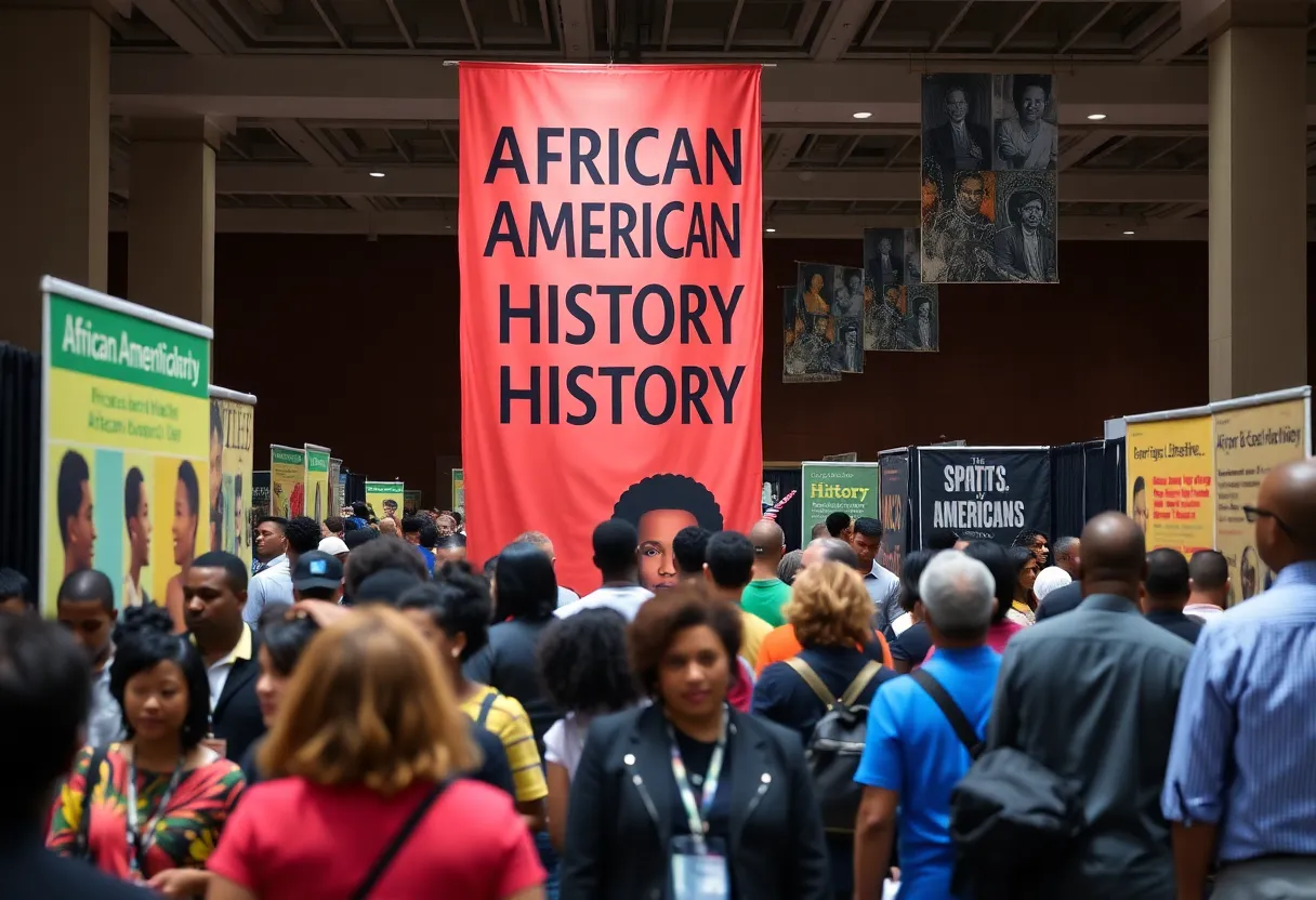 A lively conference event celebrating African American history in Nashville with various attendees engaging in discussions.