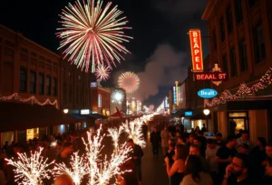Crowds celebrating New Year's Eve on Beale Street in Memphis