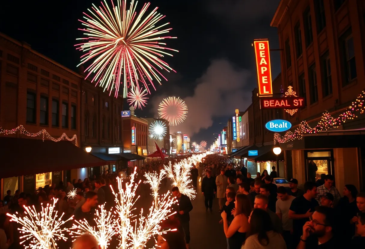 Crowds celebrating New Year's Eve on Beale Street in Memphis
