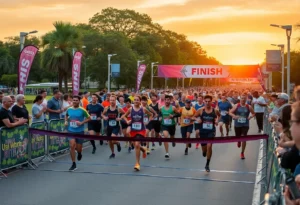 Runners crossing the finish line at the New Year’s One Day Ultramarathon in San Jose