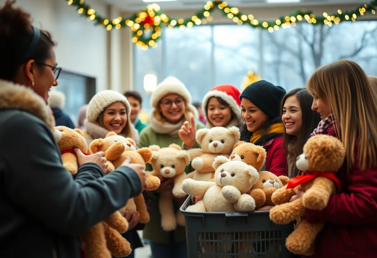 Volunteers gathering teddy bears for charity event