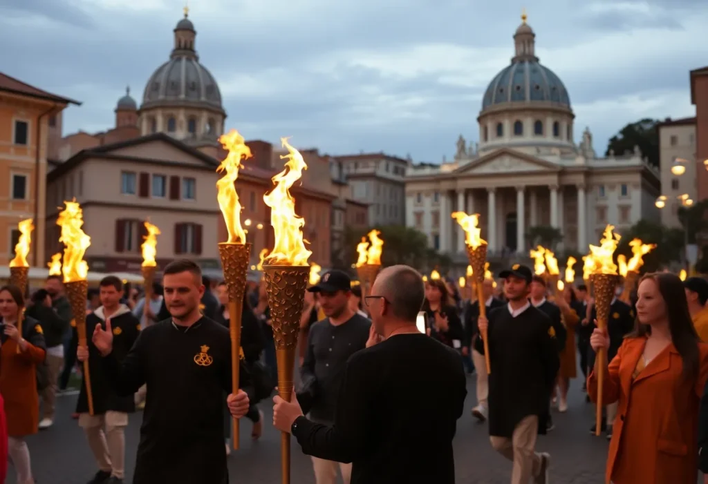 Olympic torch relay starting in Rome with torchbearers