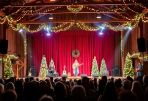 Pam Tillis performing at a Christmas concert in a barn
