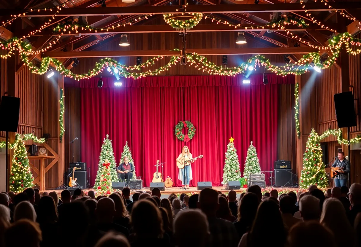 Pam Tillis performing at a Christmas concert in a barn