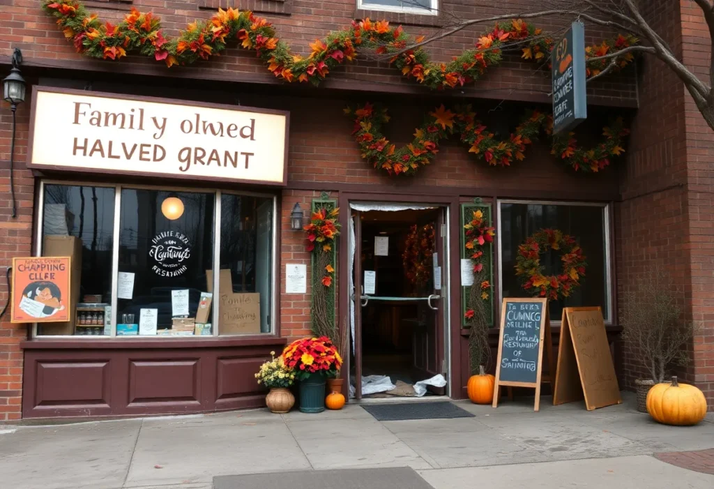 Restaurant entrance showing signs of burglary on Thanksgiving.