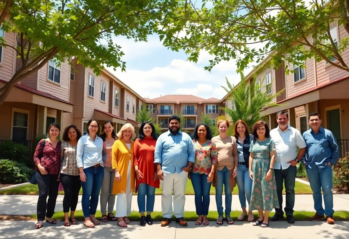 Community members in front of affordable housing units