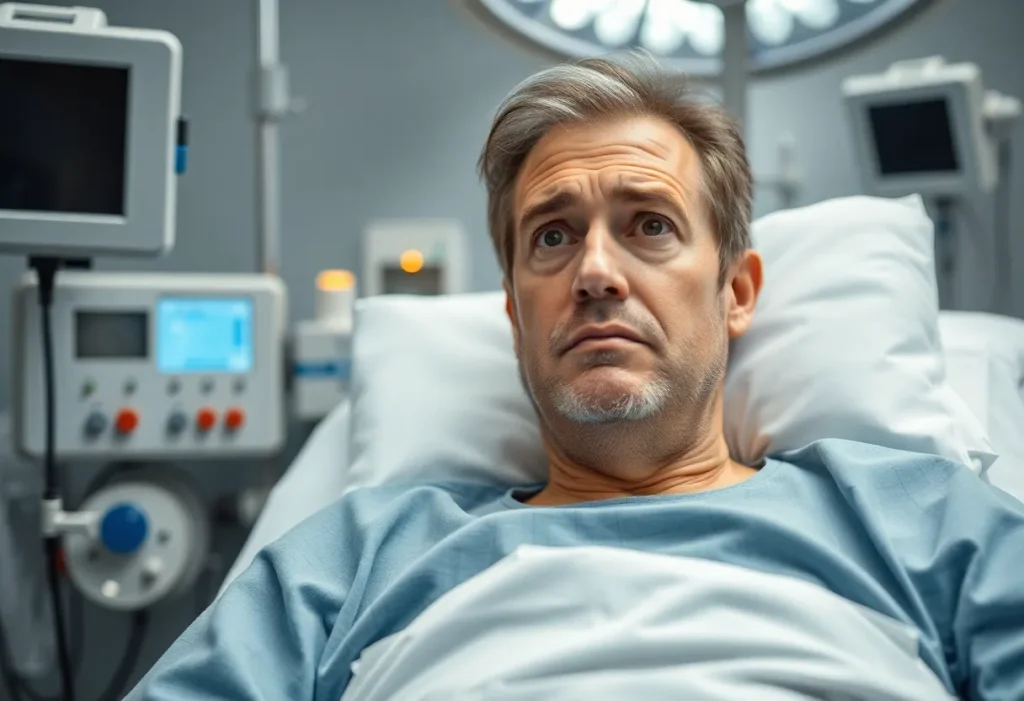 A patient recovering in a hospital with medical equipment indicating surgery complications.