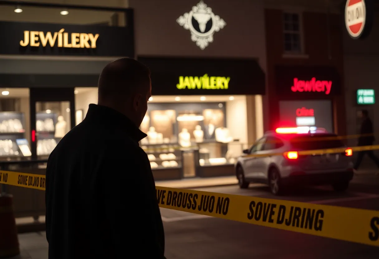 Police at jewelry store robbery scene with stolen car