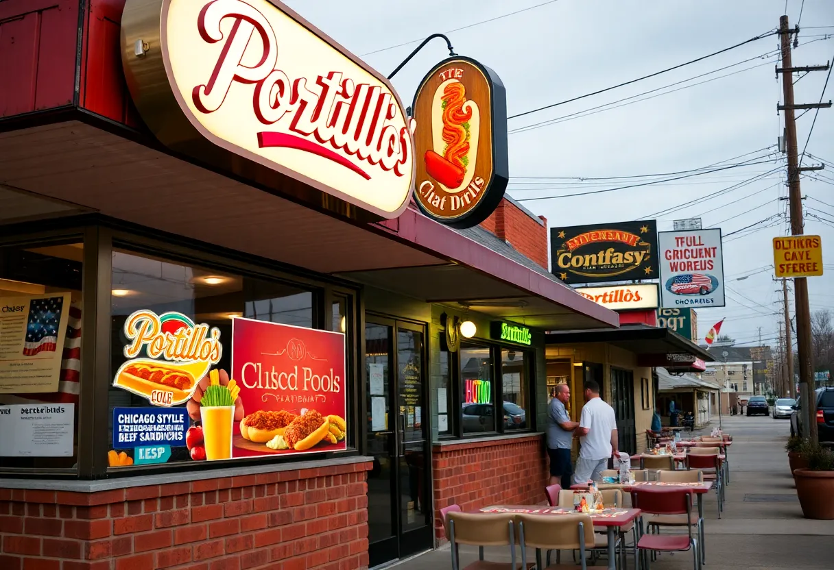 Image of Portillo's restaurant sign and Chicago-style dishes