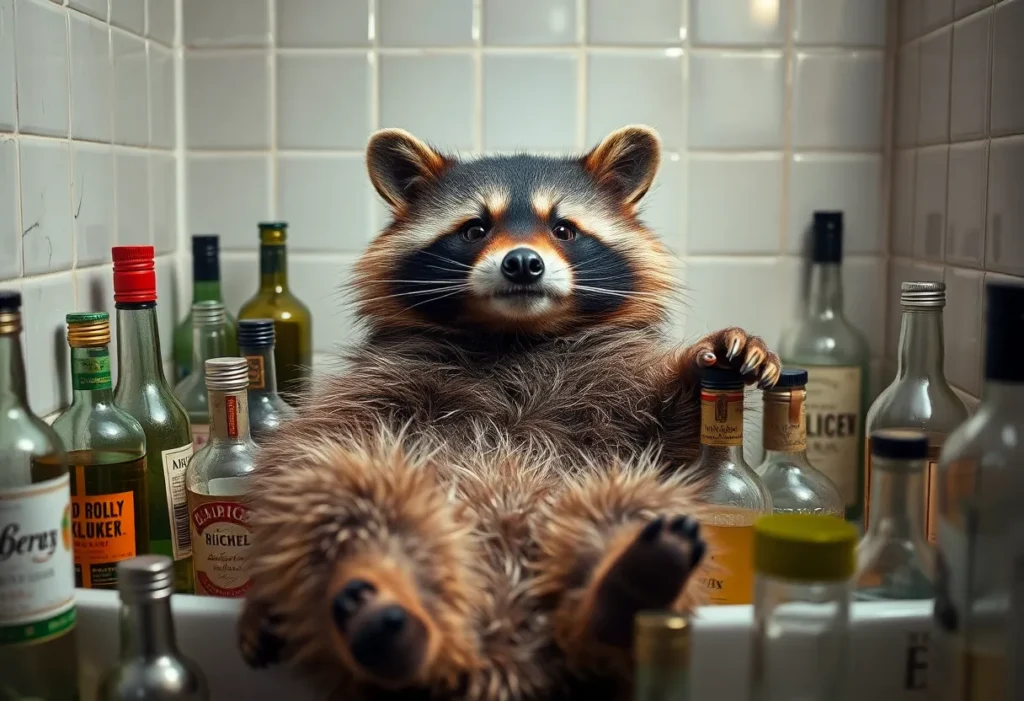 A raccoon lying in a bathroom with liquor bottles around it, appearing intoxicated.