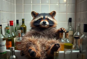 A raccoon lying in a bathroom with liquor bottles around it, appearing intoxicated.