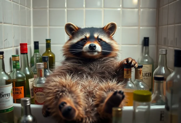 A raccoon lying in a bathroom with liquor bottles around it, appearing intoxicated.