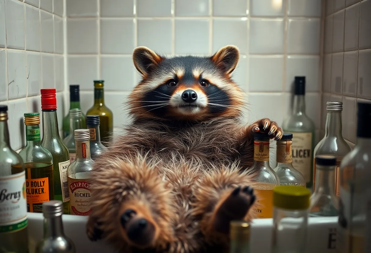 A raccoon lying in a bathroom with liquor bottles around it, appearing intoxicated.