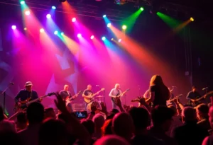 A vibrant rock and roll tribute concert performance.