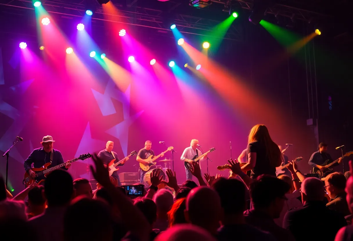 A vibrant rock and roll tribute concert performance.