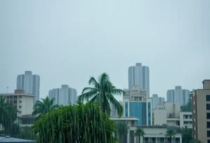 Heavy rain and gusty winds in Memphis city during a severe weather event