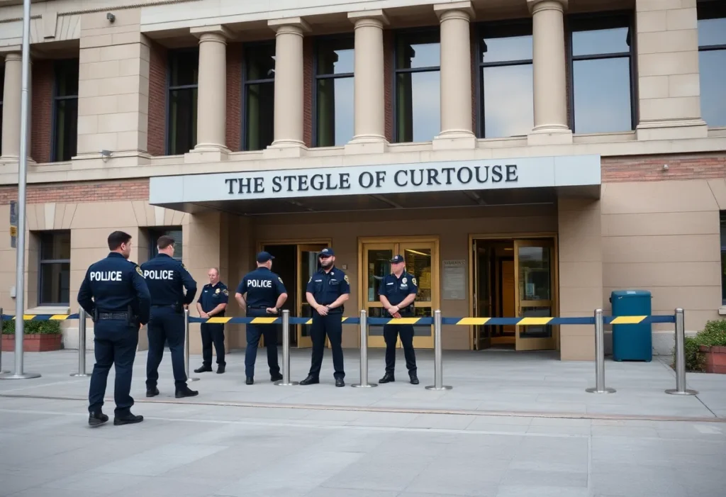 View of Shelby County Courthouse with security personnel