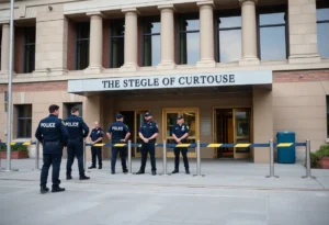 View of Shelby County Courthouse with security personnel