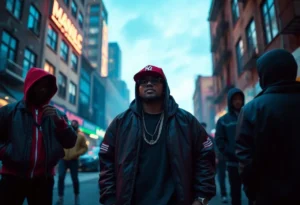 Scene from a biopic depicting the rise of a hip-hop artist