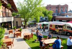 Outdoor area of Soul & Spirits Brewery featuring a patio, playground, and food trucks.