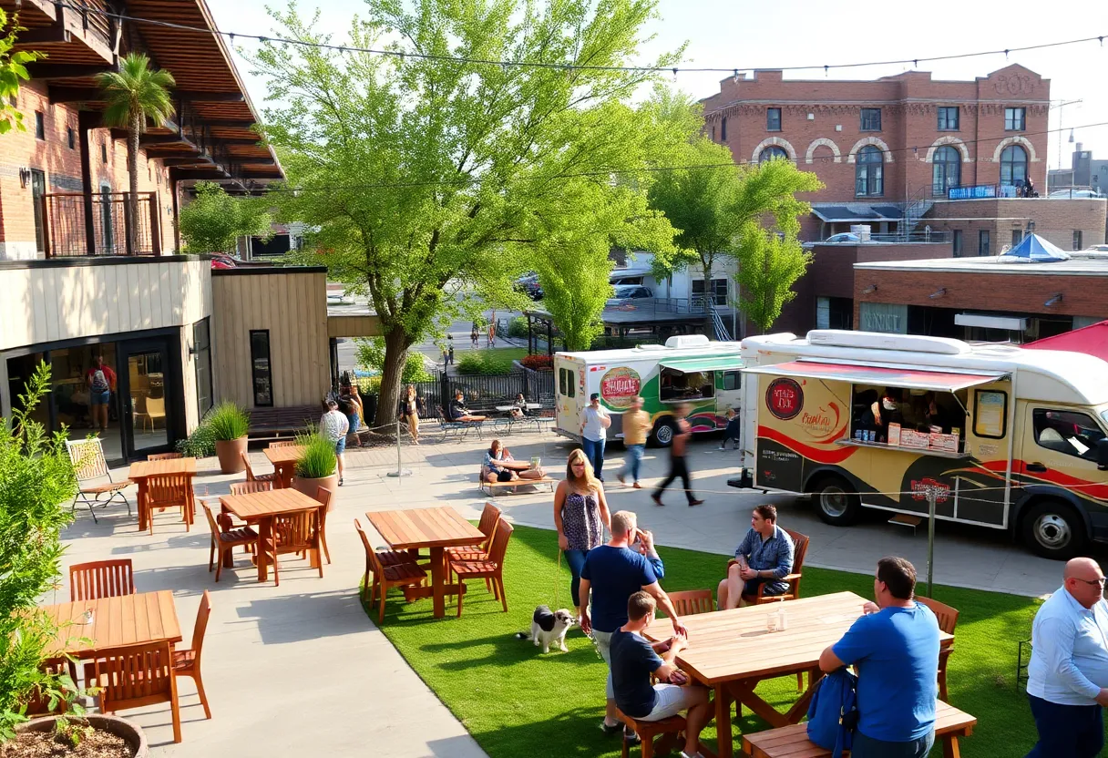 Outdoor area of Soul & Spirits Brewery featuring a patio, playground, and food trucks.