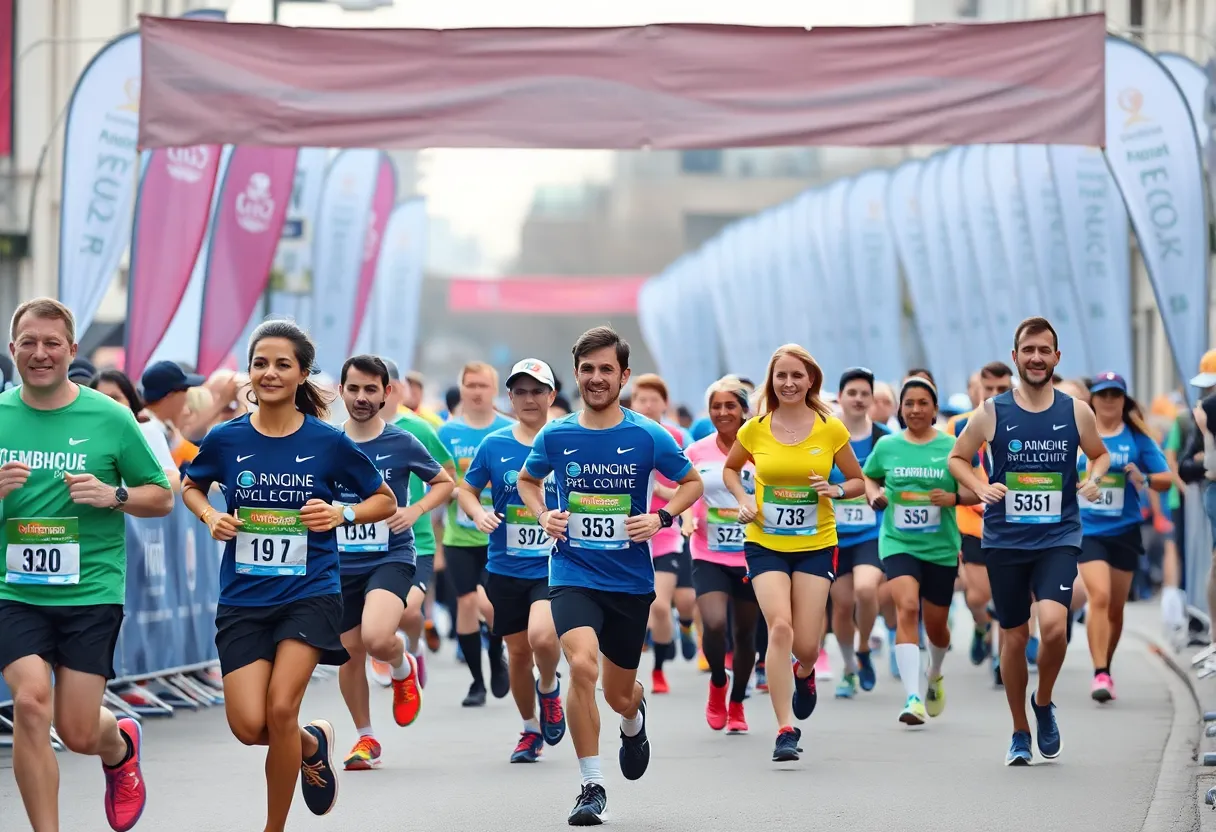Participants at the St. Jude Memphis Marathon Weekend cheering and running together.