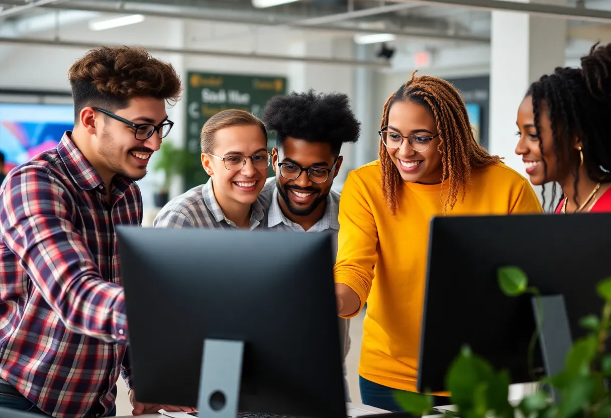 Young tech developers collaborating on a startup project in a modern workspace