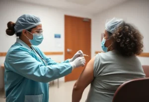 Healthcare worker giving flu vaccine in Tennessee