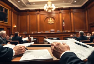 Courtroom with judges reviewing redistricting maps