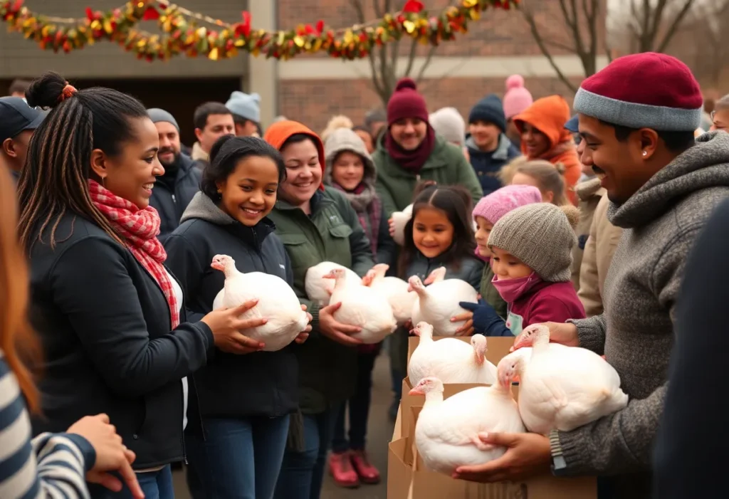 Families receiving turkeys during a Thanksgiving distribution event in Cleveland, Tennessee.