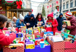 Families donating toys at a community event in Memphis