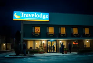 Travelodge hotel in Whitehaven with holiday decorations during a power outage