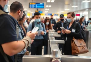 Busy airport checkpoint with TSA agents and travelers presenting identification