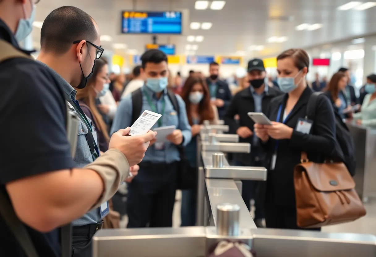 Busy airport checkpoint with TSA agents and travelers presenting identification